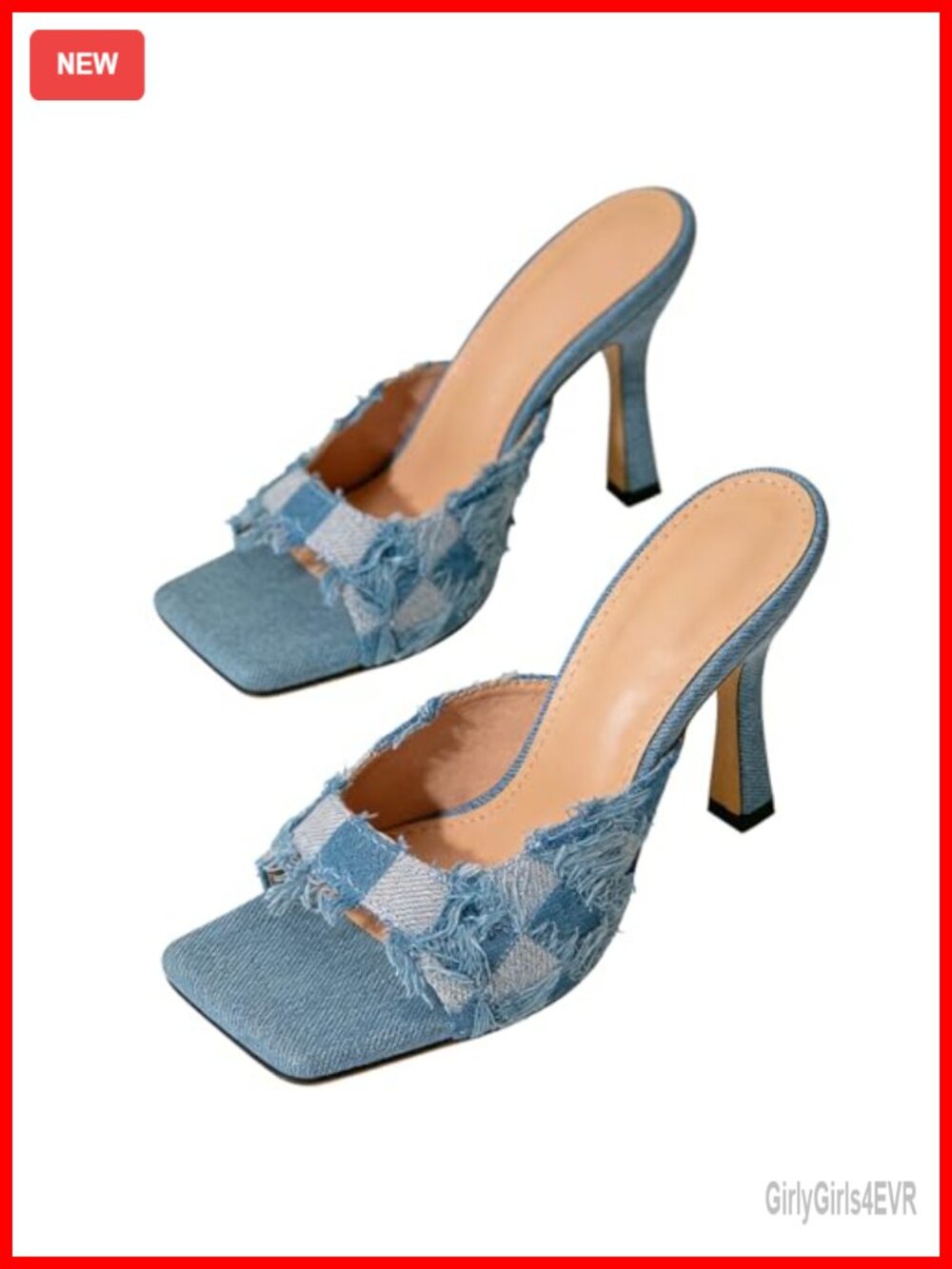 Denim Square Toe Stiletto Slide Sandals Slip On Kitten Heel Mules Dress Shoes